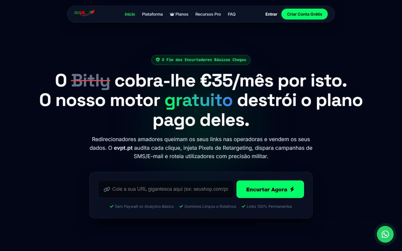 Página inicial do evpt.pt: encurtador de links com analytics
