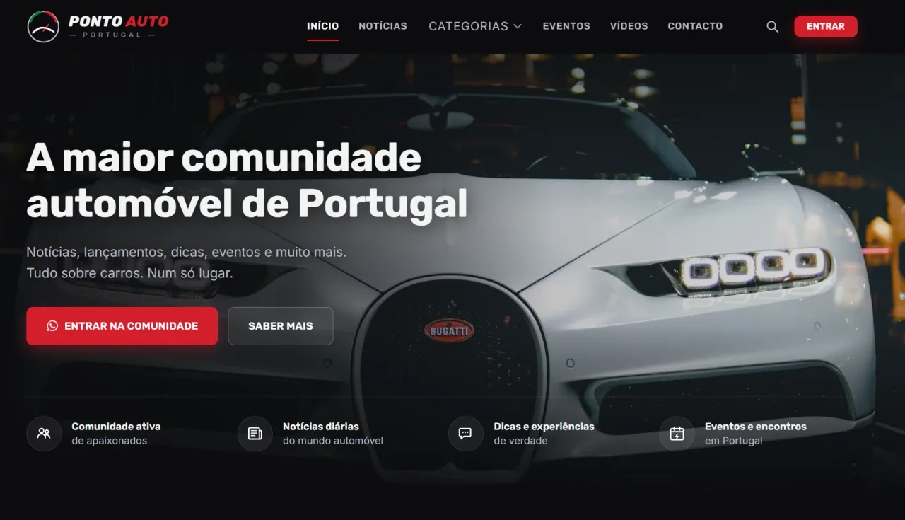 Página inicial do Ponto Auto: a maior comunidade automóvel de Portugal